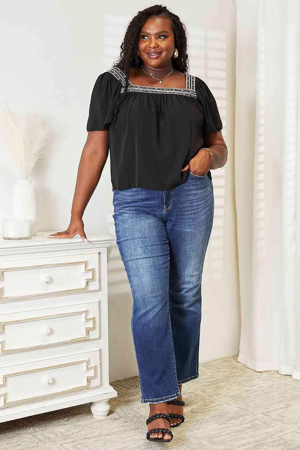 Women's Double Take Contrast Square Neck Puff Sleeve Blouse